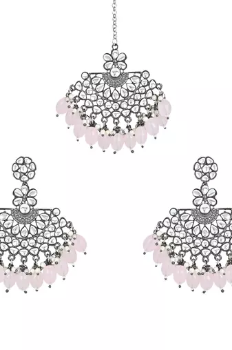 Navratri Ethnic Stylish Silver Oxidised Kundan Pearl Chandbali Earrings With Maang Tikka Set