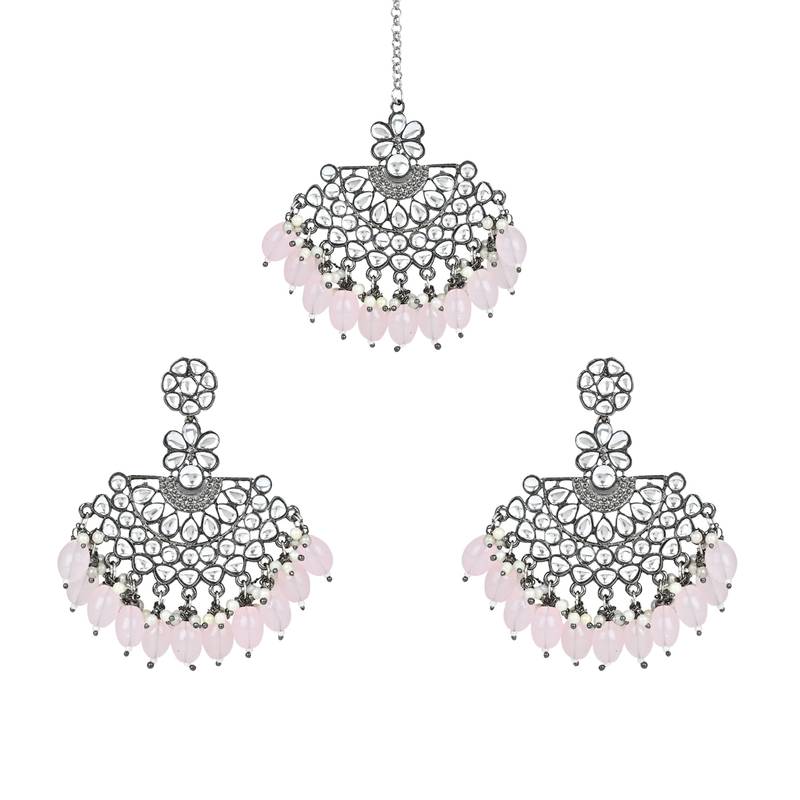 Navratri Ethnic Stylish Silver Oxidised Kundan Pearl Chandbali Earrings With Maang Tikka Set