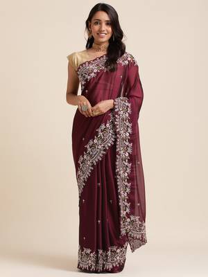 Wine Silver Codding  Sequence Work In Saree With Beautiful Work Organza Saree With Blouse Piece 1