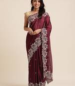 Wine Silver Codding  Sequence Work In Saree With Beautiful Work Organza Saree With Blouse Piece