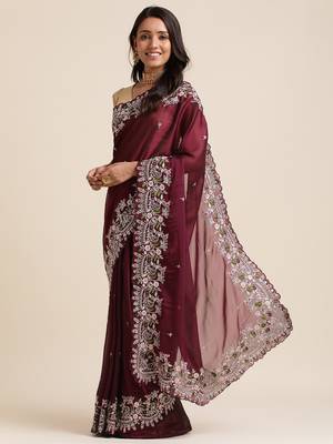 Wine Silver Codding  Sequence Work In Saree With Beautiful Work Organza Saree With Blouse Piece 2