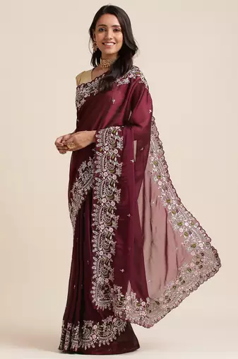 Wine Silver Codding  Sequence Work In Saree With Beautiful Work Organza Saree With Blouse Piece