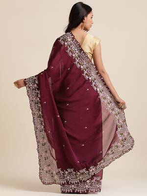 Wine Silver Codding  Sequence Work In Saree With Beautiful Work Organza Saree With Blouse Piece 3