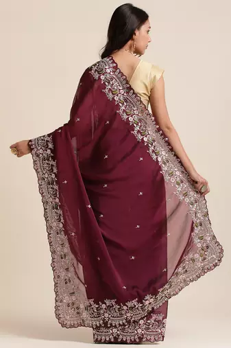Wine Silver Codding  Sequence Work In Saree With Beautiful Work Organza Saree With Blouse Piece