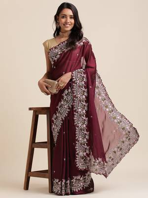 Wine Silver Codding  Sequence Work In Saree With Beautiful Work Organza Saree With Blouse Piece 4