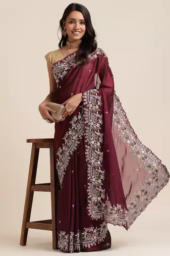 Wine Silver Codding  Sequence Work In Saree With Beautiful Work Organza Saree With Blouse Piece