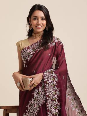 Wine Silver Codding  Sequence Work In Saree With Beautiful Work Organza Saree With Blouse Piece 5