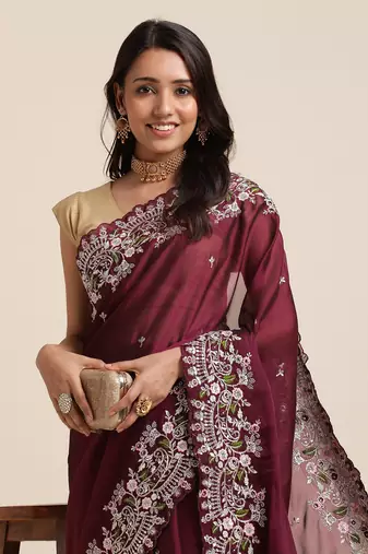 Wine Silver Codding  Sequence Work In Saree With Beautiful Work Organza Saree With Blouse Piece