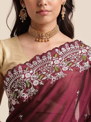 Wine Silver Codding  Sequence Work In Saree With Beautiful Work Organza Saree With Blouse Piece 6