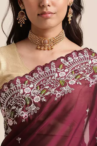 Wine Silver Codding  Sequence Work In Saree With Beautiful Work Organza Saree With Blouse Piece