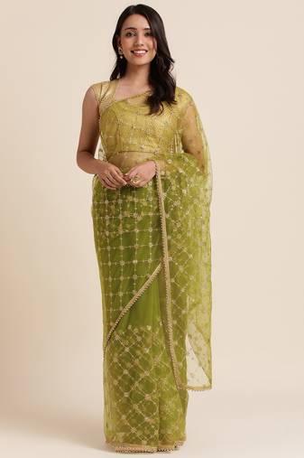 Green Embroidery Work Net Saree Net Saree With Blouse Piece