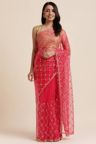 Pink Embroidery Work Net Saree Net Saree With Blouse Piece
