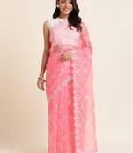 Pink Embroidery Work Net Saree Net Saree With Blouse Piece