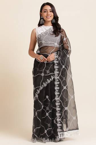 Black Embroidery Work Net Saree Net Saree With Blouse Piece