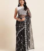 Black Embroidery Work Net Saree Net Saree With Blouse Piece