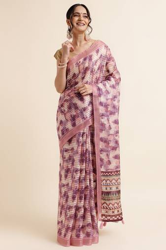 Lavender Cotton Dobbi Digital Print Saree Cotton Blend Saree With Blouse Piece