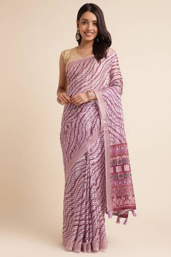Lavender Cotton Dobbi Digital Print Saree Cotton Blend Saree With Blouse Piece
