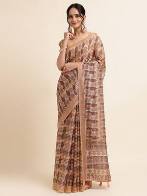 Biege Cotton Dobbi Digital Print Saree Cotton Blend Saree With Blouse Piece 1