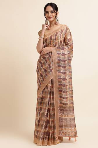 Biege Cotton Dobbi Digital Print Saree Cotton Blend Saree With Blouse Piece
