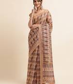 Biege Cotton Dobbi Digital Print Saree Cotton Blend Saree With Blouse Piece