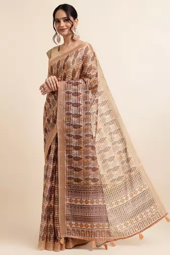 Biege Cotton Dobbi Digital Print Saree Cotton Blend Saree With Blouse Piece
