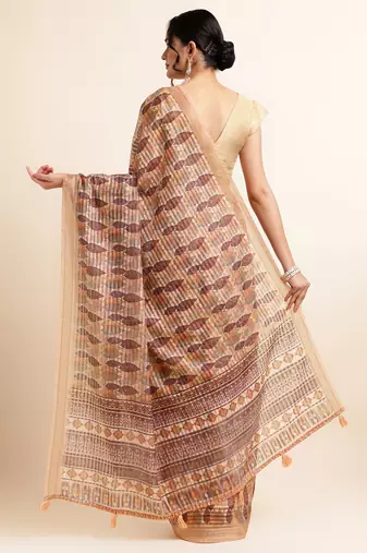 Biege Cotton Dobbi Digital Print Saree Cotton Blend Saree With Blouse Piece