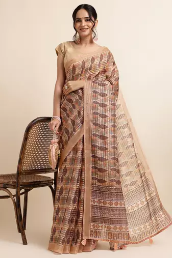 Biege Cotton Dobbi Digital Print Saree Cotton Blend Saree With Blouse Piece