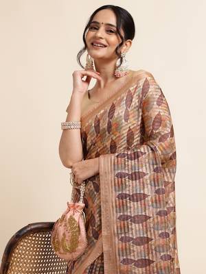 Biege Cotton Dobbi Digital Print Saree Cotton Blend Saree With Blouse Piece 5