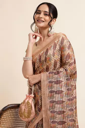 Biege Cotton Dobbi Digital Print Saree Cotton Blend Saree With Blouse Piece