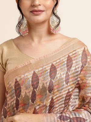 Biege Cotton Dobbi Digital Print Saree Cotton Blend Saree With Blouse Piece 6