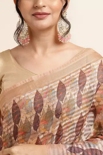 Biege Cotton Dobbi Digital Print Saree Cotton Blend Saree With Blouse Piece
