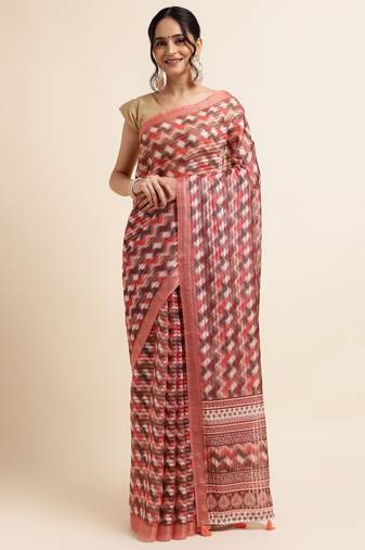 Multi Cotton Dobbi Digital Print Saree Cotton Blend Saree With Blouse Piece