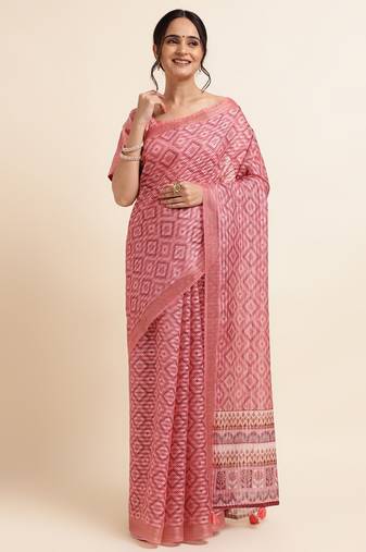 Pink Cotton Dobbi Digital Print Saree Cotton Blend Saree With Blouse Piece