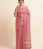 Pink Cotton Dobbi Digital Print Saree Cotton Blend Saree With Blouse Piece