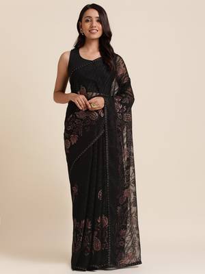 Black Designer Brasso Black Color Saree With Foil And Swarovski Embellishment  Brasso Saree With Blouse Piece 1
