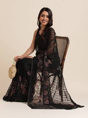 Black Designer Brasso Black Color Saree With Foil And Swarovski Embellishment  Brasso Saree With Blouse Piece 4