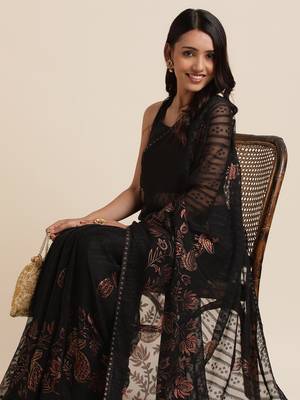 Black Designer Brasso Black Color Saree With Foil And Swarovski Embellishment  Brasso Saree With Blouse Piece 5