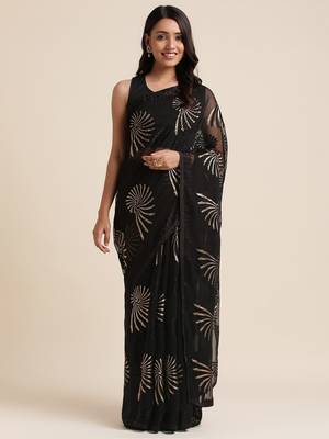 Black Designer Brasso Black Color Saree With Foil And Swarovski Embellishment  Brasso Saree With Blouse Piece 1