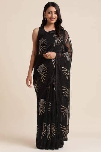 Black Designer Brasso Black Color Saree With Foil And Swarovski Embellishment  Brasso Saree With Blouse Piece