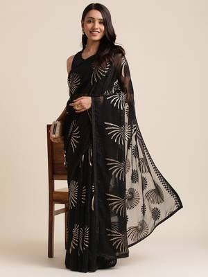 Black Designer Brasso Black Color Saree With Foil And Swarovski Embellishment  Brasso Saree With Blouse Piece 2
