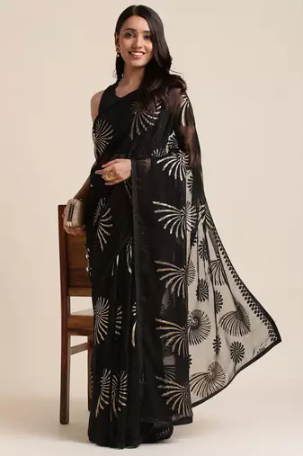 Black Designer Brasso Black Color Saree With Foil And Swarovski Embellishment  Brasso Saree With Blouse Piece