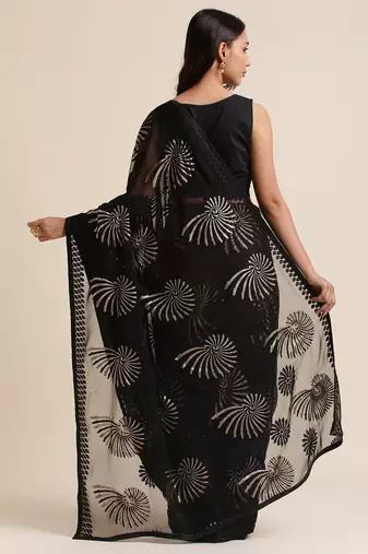 Black Designer Brasso Black Color Saree With Foil And Swarovski Embellishment  Brasso Saree With Blouse Piece