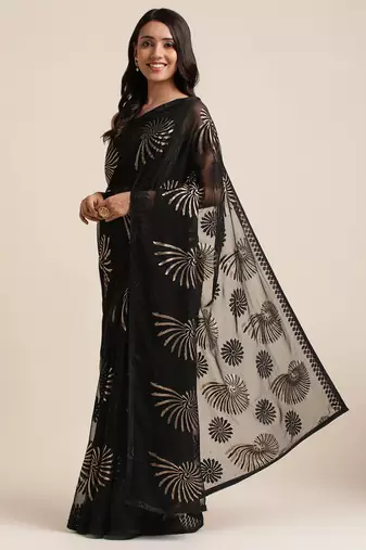 Black Designer Brasso Black Color Saree With Foil And Swarovski Embellishment  Brasso Saree With Blouse Piece