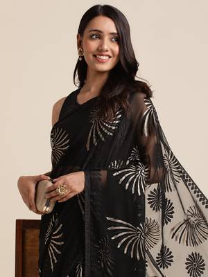 Black Designer Brasso Black Color Saree With Foil And Swarovski Embellishment  Brasso Saree With Blouse Piece 5