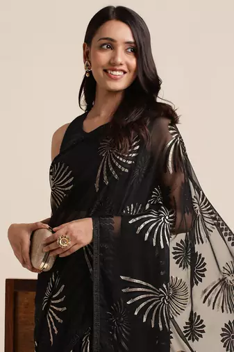 Black Designer Brasso Black Color Saree With Foil And Swarovski Embellishment  Brasso Saree With Blouse Piece