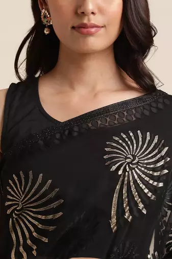 Black Designer Brasso Black Color Saree With Foil And Swarovski Embellishment  Brasso Saree With Blouse Piece