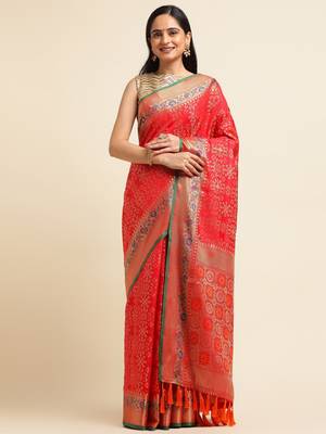 Red Pure Bandhej Silk Blend Saree With Blouse Piece 1