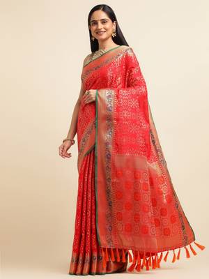 Red Pure Bandhej Silk Blend Saree With Blouse Piece 2