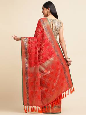 Red Pure Bandhej Silk Blend Saree With Blouse Piece 3