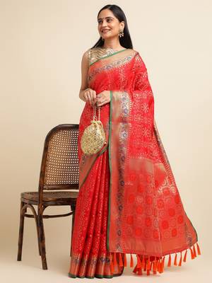 Red Pure Bandhej Silk Blend Saree With Blouse Piece 4